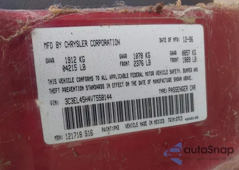 1997 Chrysler Sebring Jx z USA, uszkodzony, nr VIN 3C3EL45H4VT558144